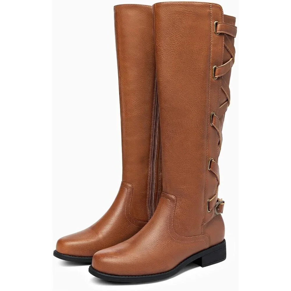 Womens Faux Leather Light Brown Strappy Motorcycle Knee High Riding Lace Up Boot